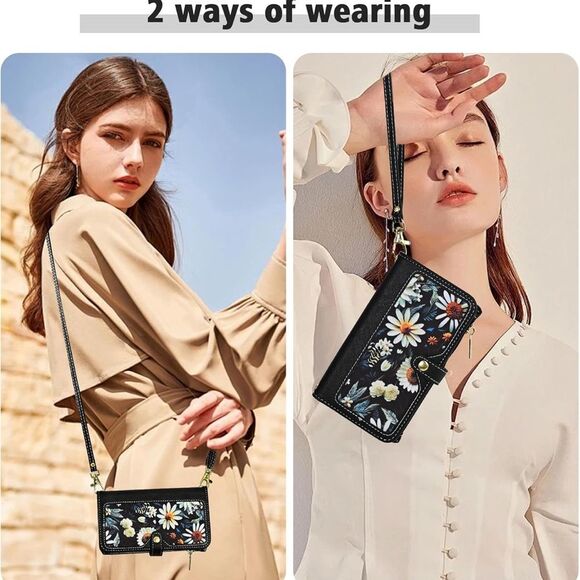 iPhone 16 6.1” Case Wallet Case Floral Wristlet Black Card Holder Phone FC2 - Picture 8 of 8